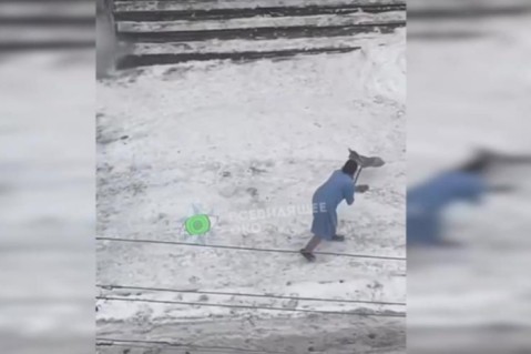 В Киеве женщина пыталась шваброй мыть заснеженную улицу